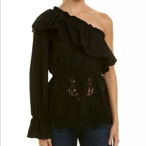 BCBGMaxAzria Ruffle One Shoulder Black Lace peplum